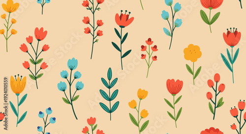 Hand-drawn spring floral wallpaper with whimsical flowers and pastel foliage
