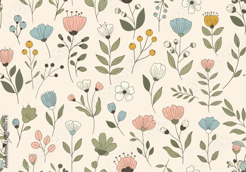 Seamless botanical illustration with whimsical flowers and calming color harmony