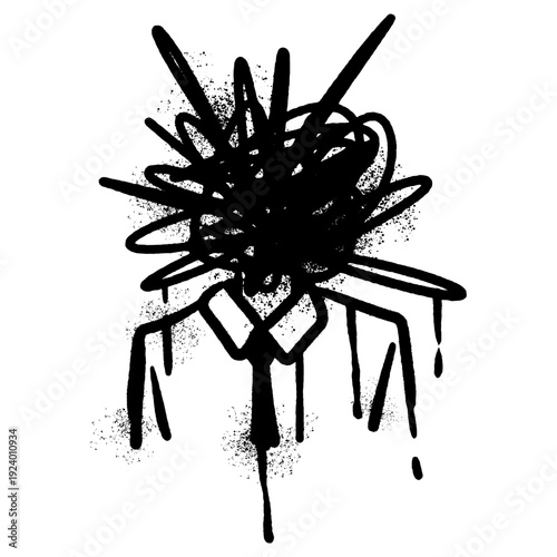 Abstract black and white graffiti illustration of a businessman with a chaotic scribbled head. Conceptual art representing mental health, stress, burnout, overthinking, or identity crisis in a modern 