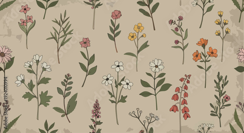 Minimalist floral illustration pattern with soft colors and charming hand-drawn flower details