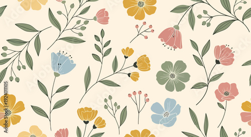 Playful seamless floral design with colorful blossoms and soft Scandinavian inspired aesthetics