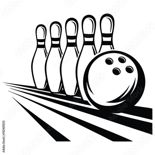 Striking monochrome rendition shows bowling pins standing near a ball and speed lines