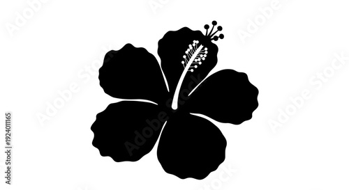 Bold graphic black silhouette of a tropical hibiscus flower on a white background