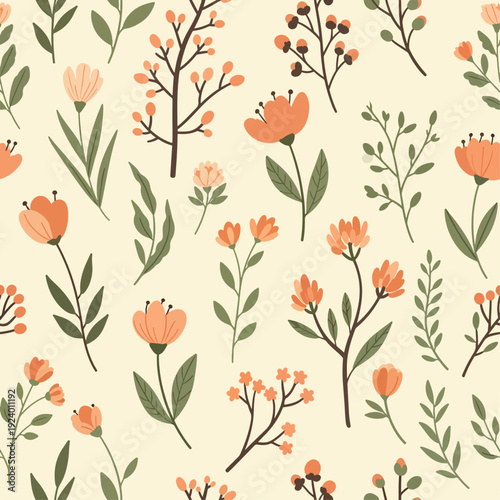 Картината върху платно Whimsical floral pattern design with hand-painted wildflowers and gentle earth-t