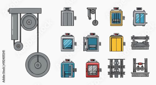 Industrial machines and tools are displayed in a factory setting with various equipment.