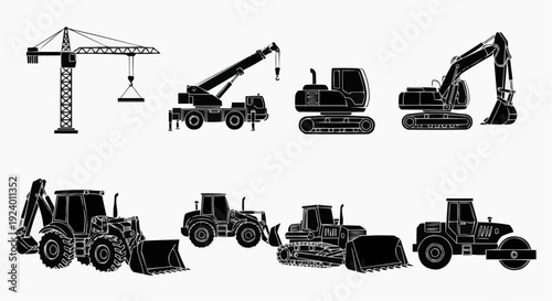 Heavy machinery construction site with excavators, cranes, and bulldozers operating