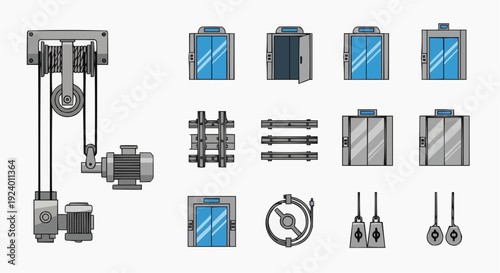 Industrial tools and machinery parts are organized on a clean surface for assembly