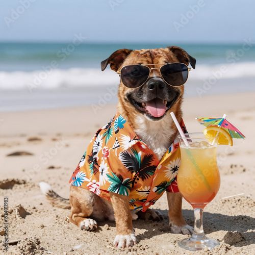 african tribal art, tropical scene: dog in hawaiian shirt, sunglasses enjoying cocktail on beach during spring break and summer vacation