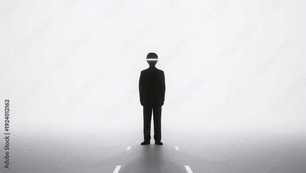 Fototapeta premium 白い逆光の中で人物は影だけとなり分岐が光で示される