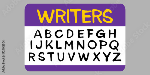 Writers Graffiti Tag on Hello My Name Is Sticker. Bold Yellow and Purple Urban Lettering for Street Culture Identity Design.