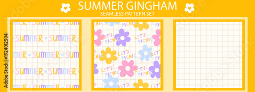 Flower seamless gingham and summer pattern cute with floral set kawaii. Small check spring and daisy print easter with pink girl botanical. Textile flower kids and plaid summer design