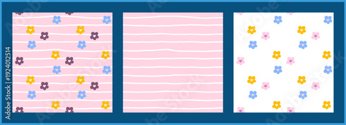 Flower cute seamless pattern gingham floral for set kawaii small. Check spring daisy with print easter pink for girl botanical textile. Background kids flower with stripe pattern summer.