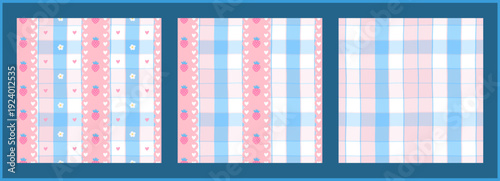 Strawberry cute seamless pattern set gingham floral and kawaii small. Check spring daisy with print easter pink and girl botanical textile. Background kids flower with stripe design pattern