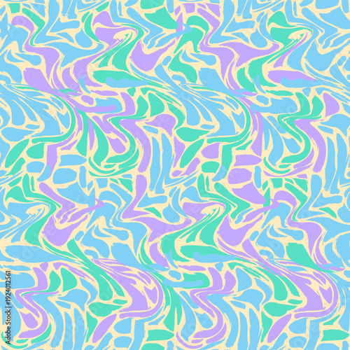 Pastel colorful seamless grunge pattern featuring abstract shapes, doodles, scribbles, geometric elements and liquids