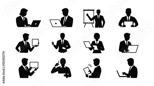 Business professionals working on laptops and computers in various office settings and poses