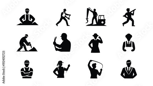Collection of black silhouette icons depicting various workers and professionals in different occupations and actions