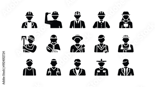 Collection of 15 black silhouette icons depicting various workers and professionals in different occupations and industries
