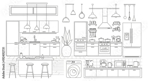 Modern Kitchen Design Blueprint with Appliances and Fixtures.
