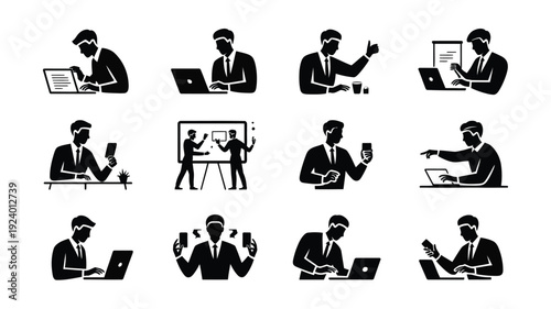 Businessman working on laptop and presenting ideas in office setting with coworkers