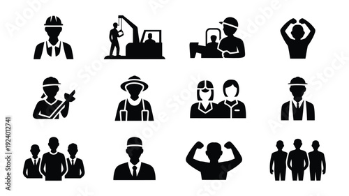 Black silhouettes of various professionals and workers in different occupations and poses on white background