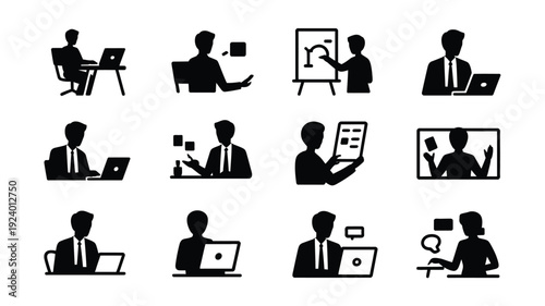 Business professionals working on computers and presenting ideas in office settings with laptops and projectors