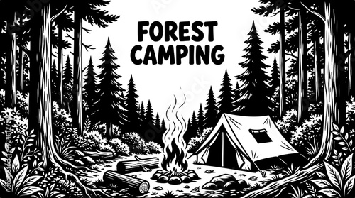 natural camping tent in a dense forest with campfire and trees representing peaceful outdoor living survival experience and nature connection