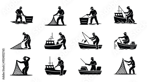 Fishermen at work on boats with nets and rods in various actions on water illustrating fishing activities and marine life