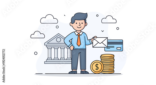 Businessman with financial symbols and courthouse background