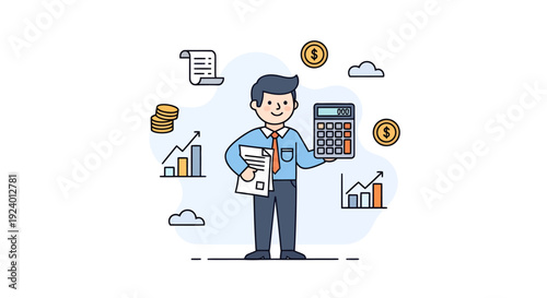 Businessman with financial analytics and calculator illustration