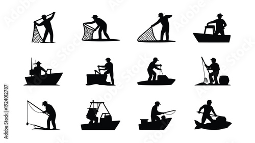 Fishermen in various poses on boats with nets and rods on water fishing activities silhouettes