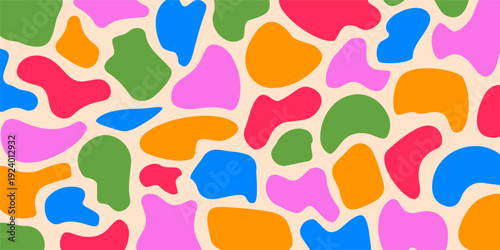 Colorful abstract doodle shape seamless pattern. Fluid organic shapes abstract design, blotch shapes, different forms for paint liquid silhouette drop in modern style, liquid irregular blob shape