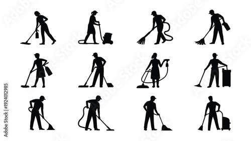 Various people cleaning with brooms and vacuum cleaners in different poses on white background