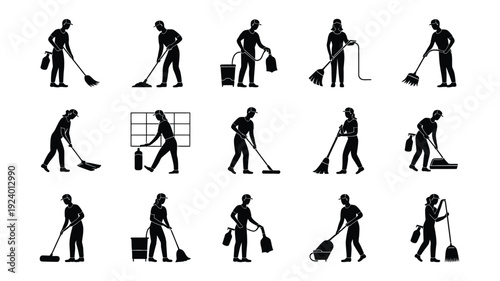 Various cleaning worker silhouettes sweeping mopping and carrying trash bags in different poses