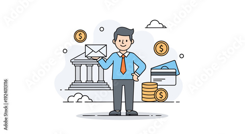 Businessman with Financial and Email Communication Icons