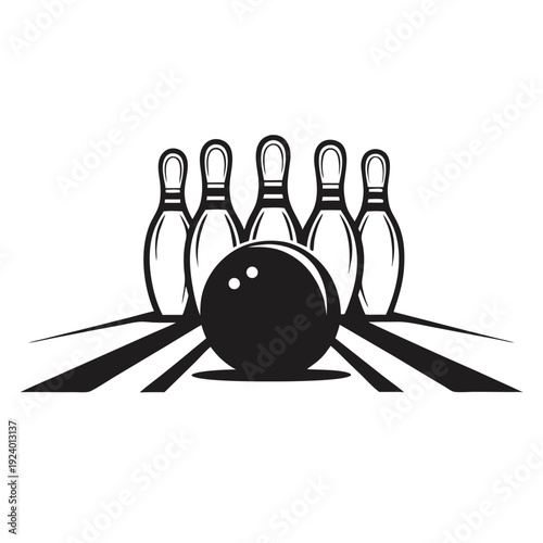 Black and white bowling ball is about to strike five pins ahead quickly