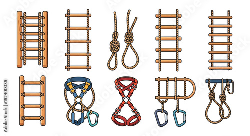 Collection of various rope ladders knots and climbing gear illustrations
