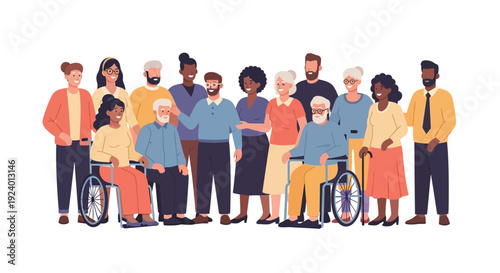 Diverse Group of People Illustration. Multi-ethnic community showcasing inclusivity, equality, unity, and support across different ages and abilities.