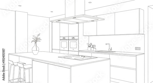 Modern Kitchen Design Blueprint Sketch with Island and Appliances.