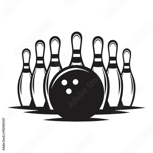 A black bowling ball sits before six pins arranged closely together on a surface