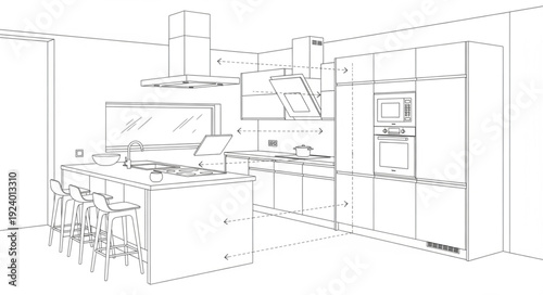 Modern Kitchen Design Blueprint Sketch with Dotted Lines.