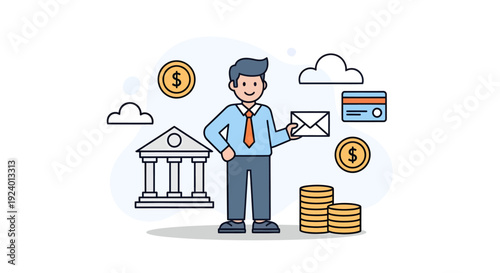 Businessman with Financial and Banking Icons Illustration
