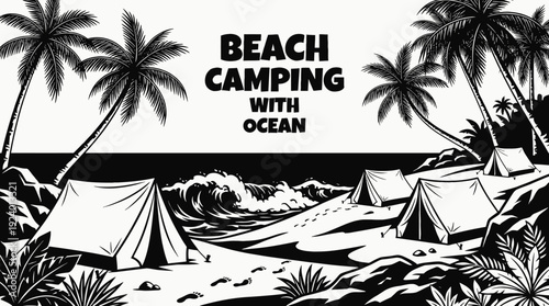 tropical camping tents near ocean waves with palm trees representing relaxation travel summer vacation and coastal adventure lifestyle