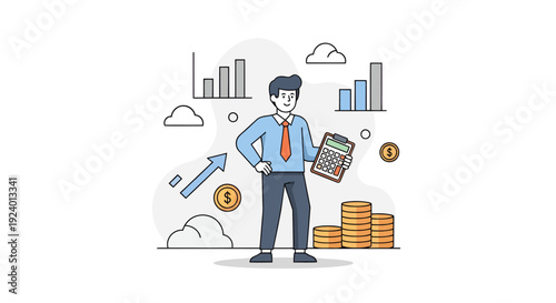 Businessman analyzing financial data with charts and coins