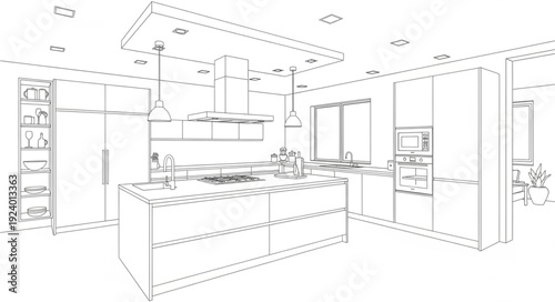 Modern Kitchen Design Blueprint Sketch with Dotted Lines.