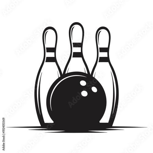 Isolated bowling ball and pins present a bold black and white monochrome image
