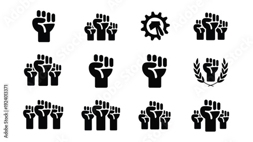 Collection of raised fist icons in various styles and symbols for activism and protest on white background