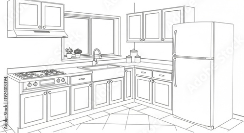 Modern Kitchen Design Blueprint Sketch with Appliances and Cabinets.