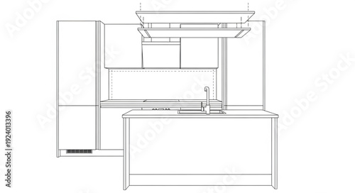 Modern Kitchen Design Blueprint Sketch Illustration.