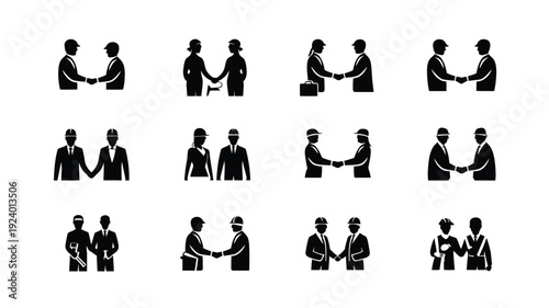 Black silhouettes of business people shaking hands greeting and collaborating in various professional settings and poses