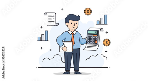 Businessman Analyzing Financial Data with Calculator and Charts